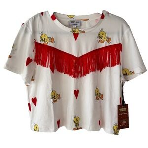 Looney‎ Tunes Tweety Bird Graphic Tee Red Fringe Cropped Top XS/S